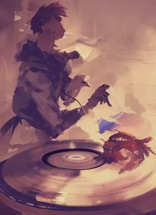 Image similar to semi reallistic gouache gesture painting, by yoshitaka amano, by ruan jia, by Conrad roset, by dofus online artists, detailed anime render of a boy playing vinyl, portrait, cgsociety, artstation, rococo mechanical, Digital reality, sf5 ink style, dieselpunk atmosphere, gesture drawn