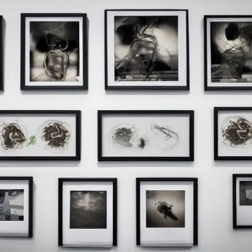 Prompt: photos in frames flying out of an artifical brain, synapses, art