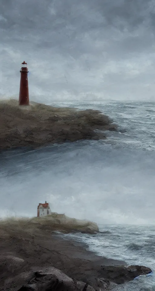 Image similar to wide - shot of lighthouse on the sand seashore, waves, misty background, from the game pathologic 2, highly detailed, sharp focus, matte painting, by isaac levitan and asher brown durand,