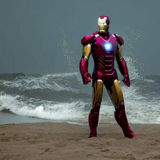 Prompt: still of iron man buried in the sea