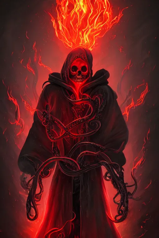 Image similar to A full body portrait of a mysterious character with a flaming skull with a very long hooded blood red and black cloak, tentacles coming out the ground art by James Paick, and Shaddy Safadi, ominous, cosmic horror, trending on artstation, Ultra detailed, hyper realistic 4k