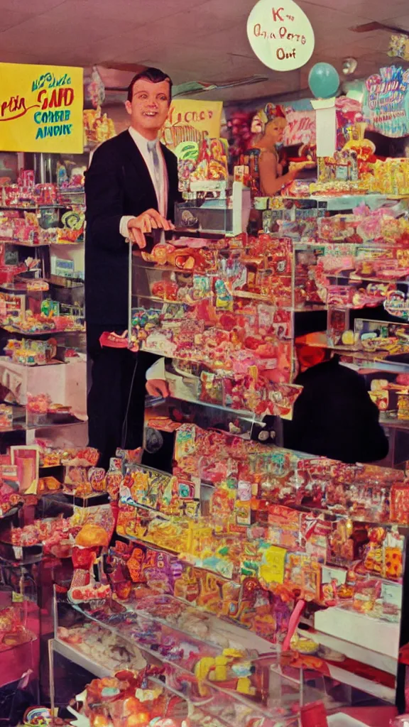 Prompt: closeup 6 0 s photo of a business man in a candy shop, kodachrome