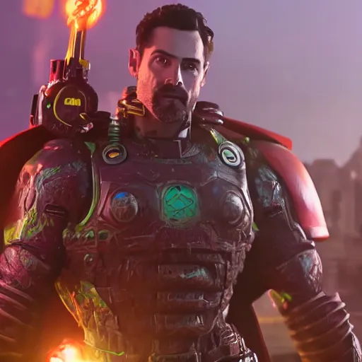 Image similar to pickle rick as superman! in gears of war, splash art, movie still, detailed face, photorealistic facial features, cinematic lighting, dramatic, octane render, long lens, shallow depth of field, bokeh, anamorphic lens flare, 8 k, hyper detailed, 3 5 mm film grain