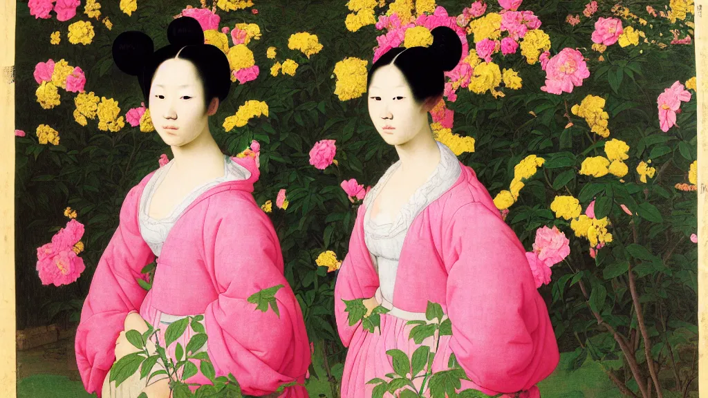 Image similar to portrait of a young Asian woman with neon pink hair buns, wearing a yellow t-shirt, standing in a garden full of black flowers, intricate details, high detail, in a renaissance style, super-flat, in the style of Jean Auguste Dominique Ingres, James Jean, punk