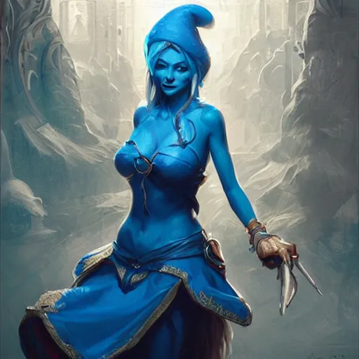 Image similar to a portrait of smurfette as a sorceress, urban motifs, intricate, elegant, highly detailed, digital painting, trending on artstation, concept art, smooth sharp focus, illustration, art by artgerm and greg rutkowski