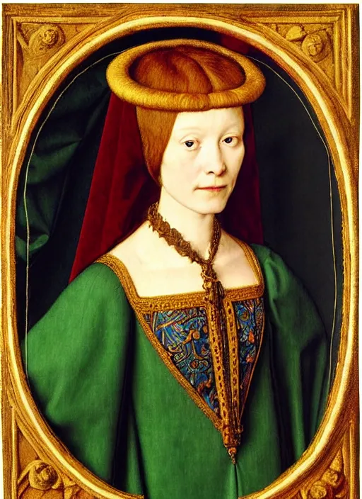 Prompt: portrait of young woman in renaissance dress and renaissance headdress, art by jan van eyck