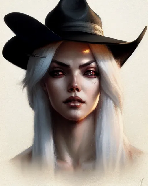 Prompt: ashe from overwatch, cowgirl, white hair, black hat, character portrait, portrait, close up, concept art, intricate details, highly detailed by greg rutkowski, michael whelan and gustave dore