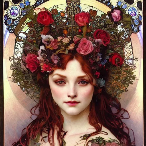 Prompt: realistic detailed face portrait of the goddess of Spring, red hair, roses and tulips, by Alphonse Mucha, Ayami Kojima, Amano, Charlie Bowater, Karol Bak, Greg Hildebrandt, Jean Delville, and Mark Brooks, Art Nouveau, Neo-Gothic, gothic, rich deep moody colors