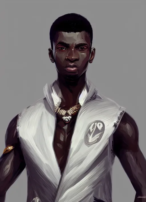 Image similar to a highly detailed illustration of attractive young african guy with flat top, wearing track and field suit, dramatic standing pose, intricate, elegant, highly detailed, centered, digital painting, artstation, concept art, smooth, sharp focus, league of legends concept art, wlop