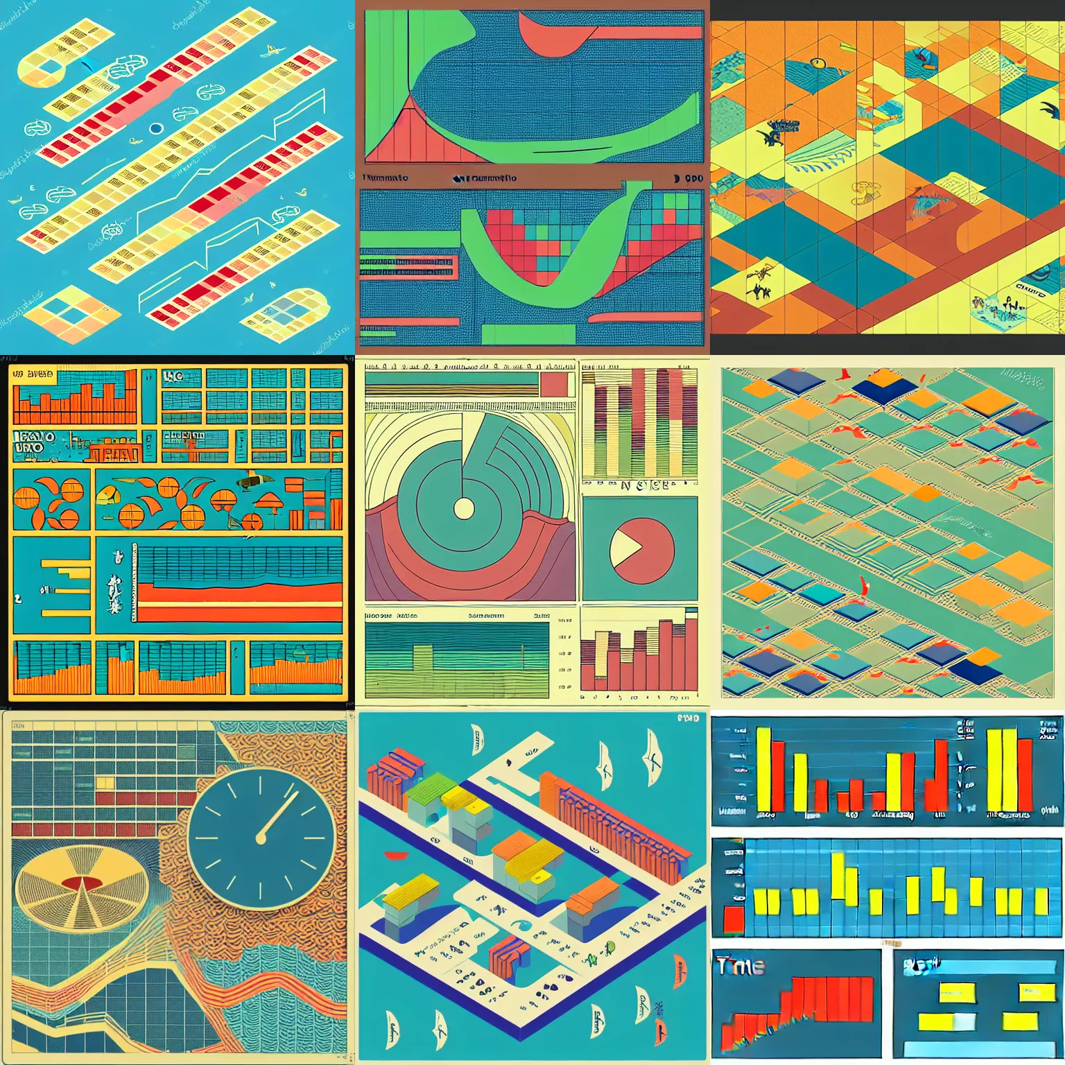 Prompt: isometric urban dashboard with time series charts, pie plots and other modern graphics, with small creatures swimming on it. monografia by diego rivera ( ukiyo - e influence ). color palette : # dc 3 2 2 f, # 2 aa 1 9 8, # b 5 8 9 0 0