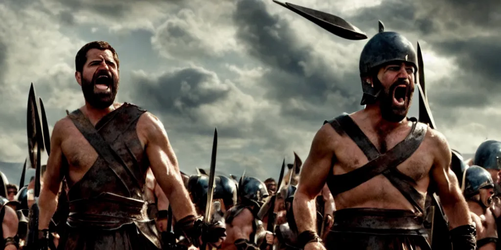 Image similar to cinematic film still of joe biden as leonidas shouting in 3 0 0 movie, 8 k, epic moody sky, dramatic lighting