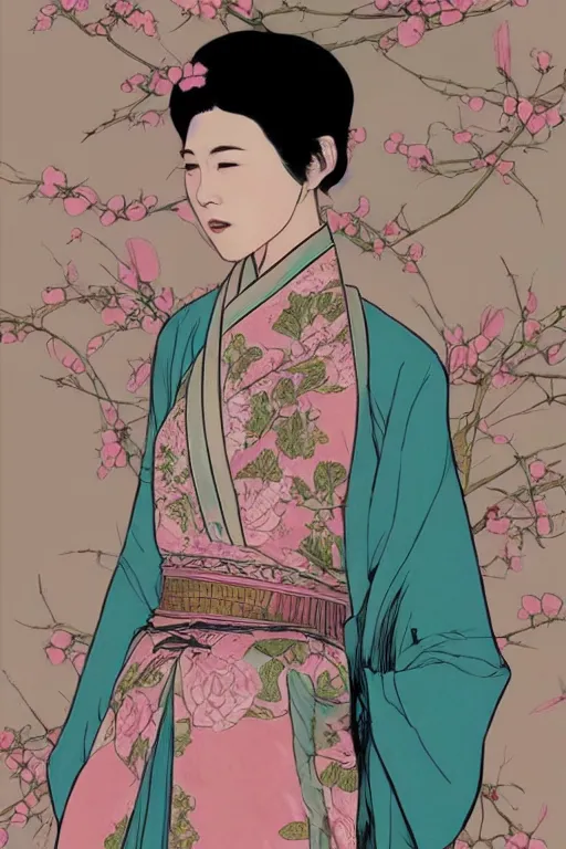 Image similar to a girl with pink short hair in a chinese hanfu with rich details, by tomer hanuka