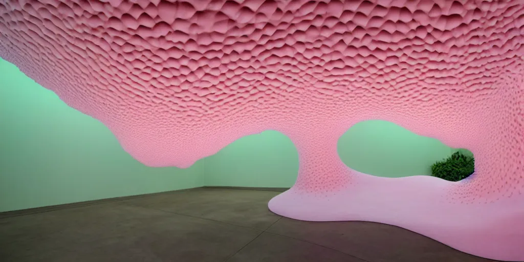 Image similar to soft biomorphic tactile structures by ernesto neto, light - mint with light - pink color, 4 k, insanely quality, highly detailed,