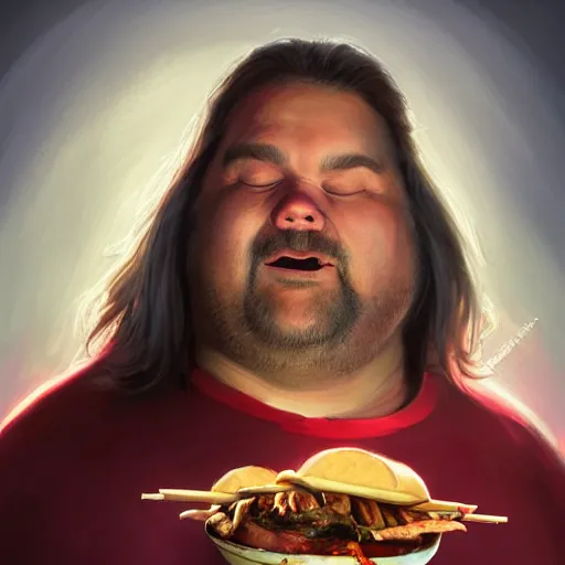 Image similar to portrait of a half fatman half pig eating kebab with long hair tied in a ponytail, light stubble with red shirt ,digital art,photorealistoc,art by greg rutkowski,hyperdetailed,western comic style,comic,comic style,sharp lineart,professional lighting,deviantart,artstation,trevor henderson,rossdtaws,cinematic,dramatic