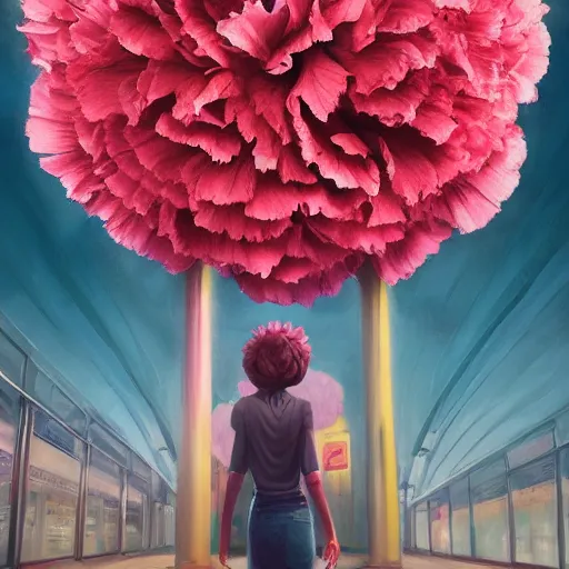 Image similar to giant carnation flower head, woman in metro station, surreal photography, dramatic light, impressionist painting, digital painting, artstation, simon stalenhag