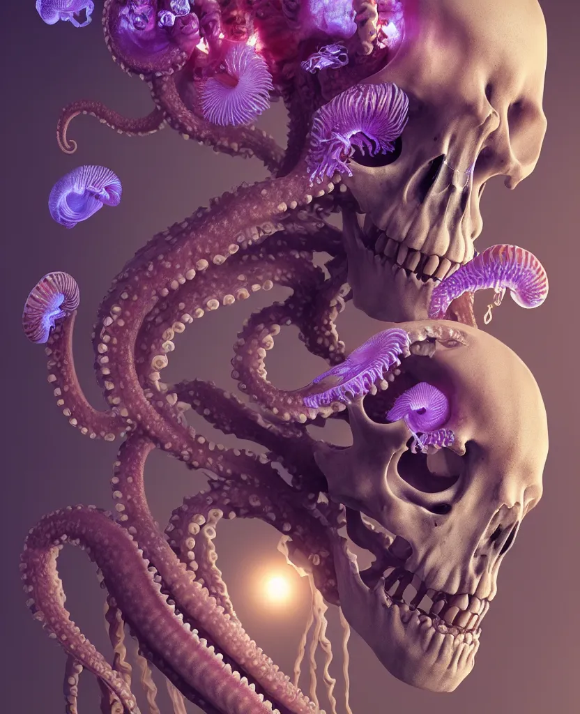 Image similar to goddess close - up portrait human skeleton, ram skull, octopus, jellyfish, orchid, betta fish, bioluminiscent, intricate artwork by tooth wu and wlop and beeple. octane render, trending on artstation, greg rutkowski very coherent symmetrical artwork. cinematic, hyper realism, high detail, octane render, 8 k