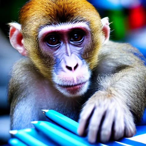 Prompt: photograph of a monkey holding a blue pen towards the camera, 4 k, full hd, highly detailed