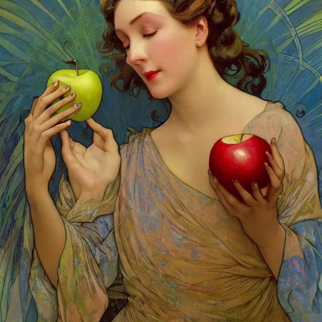 Image similar to an aesthetic! a detailed close portrai of an aesthetic woman, face covered in a transparent vale, holding an apple by frank frazetta and alphonse mucha, oil on canvas, bright colors, art nouveau, epic composition, dungeons and dragons fantacy art, hd, god - rays, ray - tracing, crisp contour - lines, huhd - 8 k