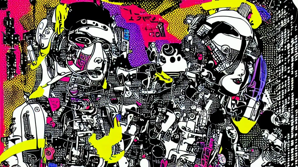 Image similar to cyber - dog futuristic japanese cyberpunk by roy lichtenstein, by andy warhol, ben - day dots, pop art, bladerunner, pixiv contest winner, cyberpunk style, cyberpunk color scheme, mechanical, high resolution, hd, intricate detail, fine detail, 4 k