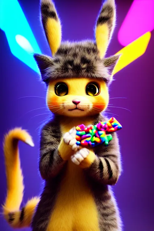 Image similar to high quality 3 d render very cute cyborg cat eating candy, cyberpunk highly detailed, unreal engine cinematic smooth, in the style of blade runner & detective pikachu, hannah yata charlie immer, moody light, low angle, uhd 8 k, sharp focus