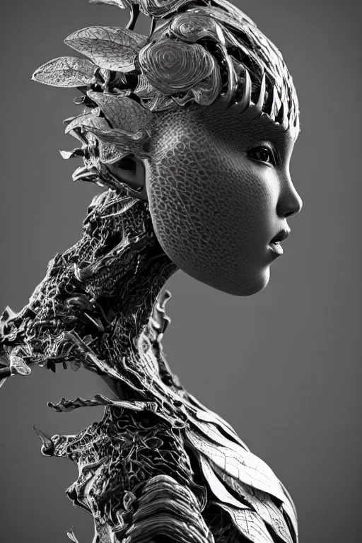 Image similar to bw close - up profile face, black background, beautiful young porcelain vegetal - dragon - cyborg - female, 1 5 0 mm, beautiful natural soft rim light, silver gold details, magnolia leaves and stems, roots, mandelbot fractal, elegant, ultra detailed, white metallic armour, octane render, h. r. giger style