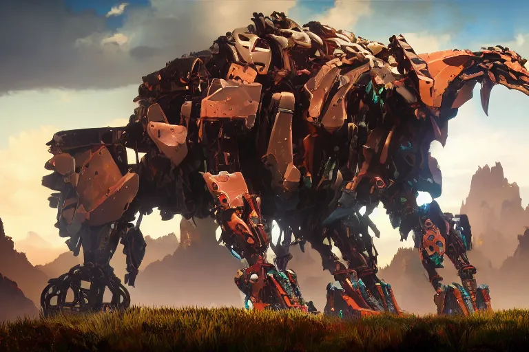 Image similar to grimhorn fanghorn machine mecha animal beast robot of horizon forbidden west horizon zero dawn bioluminiscence global illumination ray tracing hdr fanart arstation by sung choi and eric pfeiffer and gabriel garza and casper konefal