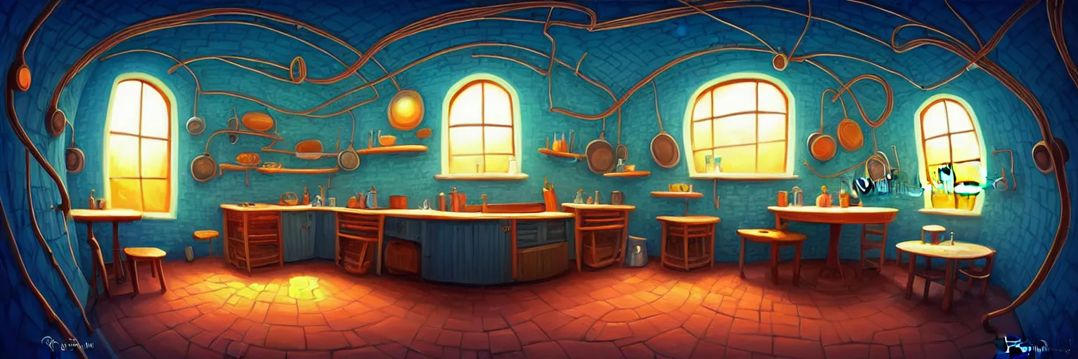 Prompt: underground, basement, fisheye spiral, naive, extra narrow, detailed illustration of a kitchen, large floor, dimly lit by rhads from lorax movie, trending artstation, dark blue, vines crawling, tavern