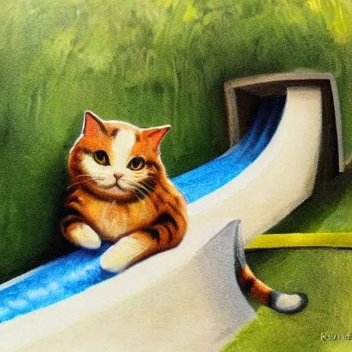 Prompt: art by kawaci, cute cat sliding down a water slide