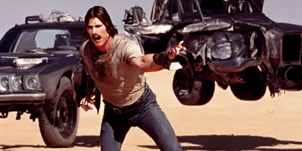 Image similar to film still of Christian Bale as Max in Mad Max 1979