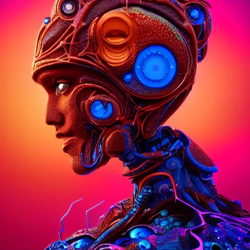 Image similar to Face of a Alien Deity, corals, circuitry, plume made of geometry, extremly detailed digital painting, sharp focus in the style of android jones, artwork of a futuristic artificial intelligence superstar, mystical colors, rim light, beautiful lighting, 8k, stunning scene, raytracing, octane, under water visual distortion, dark tones colors, trending on artstation