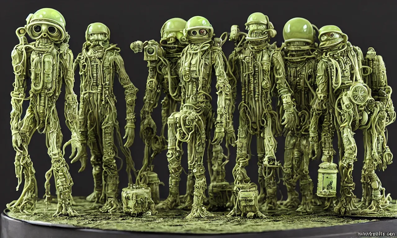 Prompt: strong translucent wax aliens dieselpunk diorama cast in reflective epoxy resin box, high detail, small features, strong ambient occlusion