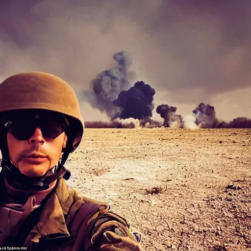 Prompt: an eerie selfie taken in no mans land during ww3 with an explosion far in the background