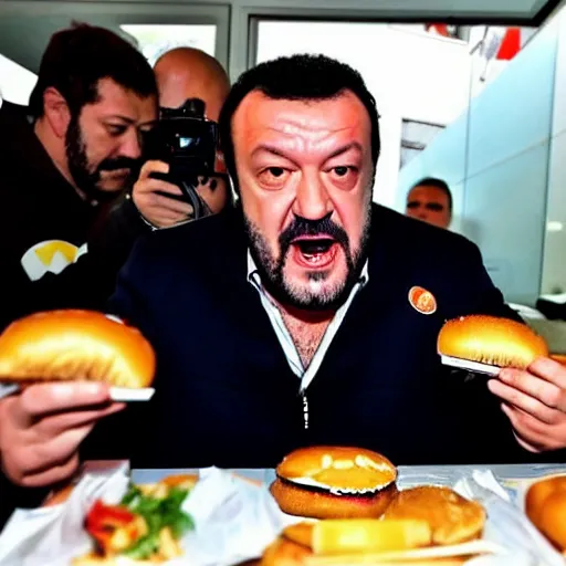 Image similar to Matteo Salvini eating a burger at McDonald’s, photograph, paparazzi