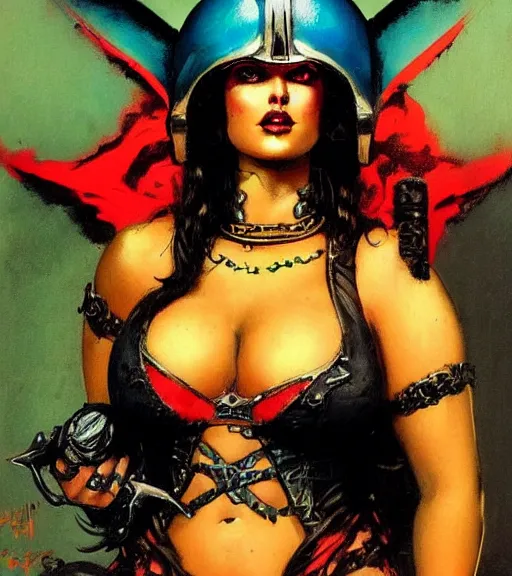Image similar to portrait of plus size iranian female chaos angel, beautiful! coherent! by frank frazetta, by brom, strong line, vivid neon color, shining metal power armor, iron helm, high contrast, maximalist
