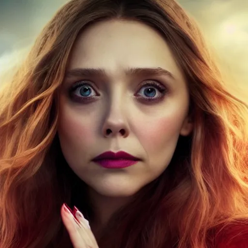 Prompt: Elizabeth Olsen as the scarlet witch in hell, sexy look at the camera, cinematic, 8k resolution, hyper detailed