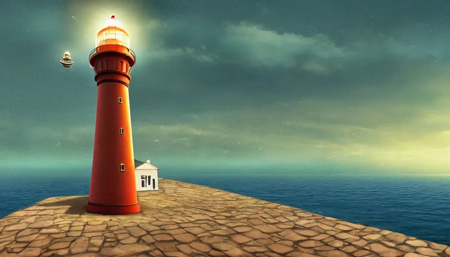 Prompt: a ufo hovers over a lighthouse out at sea, digital art, highly detailed, realistic, bright colors, 8 k