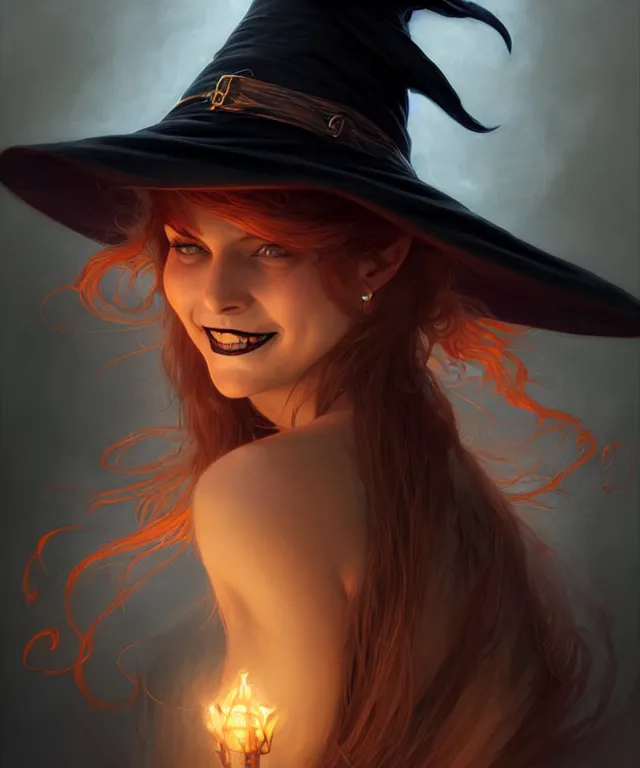 Image similar to halloween witch woman in a hat smiles, fantasy magic, undercut hairstyle, dark light night, intricate, elegant, sharp focus, illustration, highly detailed, digital painting, concept art, matte, art by wlop and artgerm and greg rutkowski and alphonse mucha, masterpiece