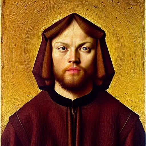 Prompt: portrait of the son of joel egerton health ledger christ pratt leonardo dicaprio, oil painting by jan van eyck, northern renaissance art, oil on canvas, wet - on - wet technique, realistic, expressive emotions, intricate textures, illusionistic detail