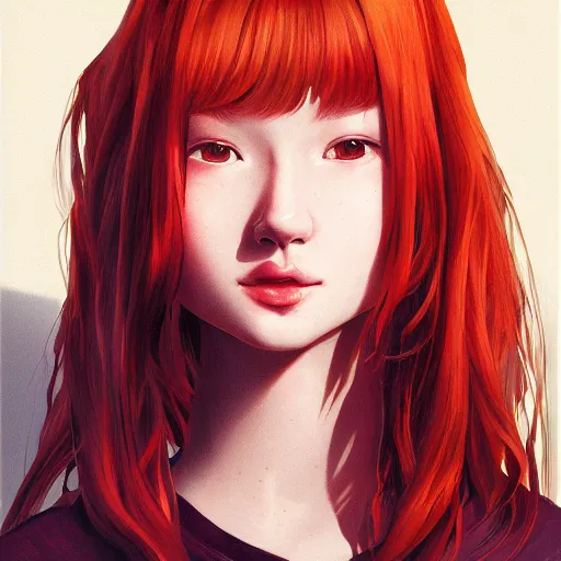 Prompt: a comic portrait of a red haired teenager girl, fine - face, realistic shaded perfect face, fine details, day setting. realistic shaded lighting poster by eric - anthony johnson and bo feng lin style, trending on art station