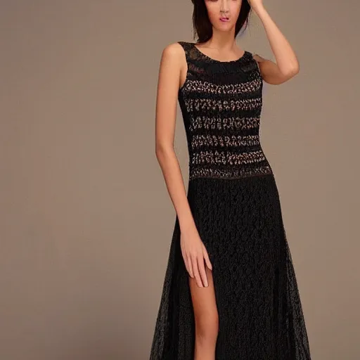 Image similar to fantastically beautiful long knitted large knitted evening dress. light colors. on top of the intricate black ornament openwork. and colored beads. asymmetrical. detailed. a masterpiece.