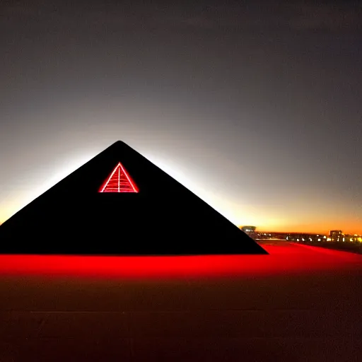 Prompt: wide angle photograph of a dark black pyramid with small red lights hovering over the pentagon at night