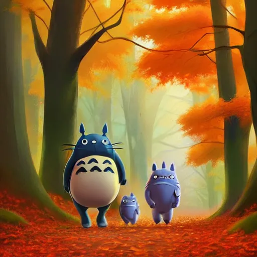 Image similar to goro fujita ilustration an autumn forest with large trees and light coming through the leaves | totoro walking, painting by goro fujita, sharp focus, highly detailed, artstation