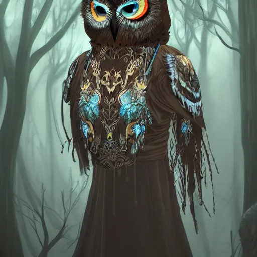Image similar to goddess of owls, hooded, owl mask, feathered robes, ritual in a forest, devouring, dark, moody, fog, trending on artstation, concept art