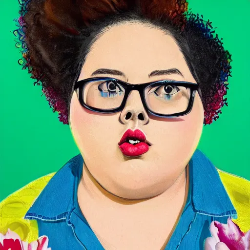 Image similar to colorful and festive cute young plus size todd solondz with tan skin, clear sharp todd solondz face, wearing yellow floral blouse. full body, rich vivid pastel colors, ambient lighting, dynamic lighting, 4 k, atmospheric lighting, painted, intricate, highly detailed by francis bacon and charlie bowater and jenny saville