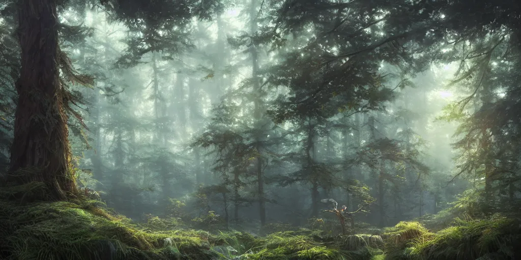 Prompt: a forest, highly detailed oil painting, hyperrealism, perfect lighting, Studio Ghibli, Jessica Rossier, digital art, octane render, beautiful composition, trending on artstation, masterpiece