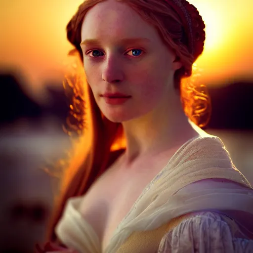 Prompt: high detail photographic portrait of a stunningly beautiful english renaissance female in soft dreamy light at sunset, beside the river, soft focus, halo by alphonse mucha contemporary fashion shoot, hasselblad nikon, in a denis villeneuve movie, by edward robert hughes, annie leibovitz and steve mccurry, david lazar, jimmy nelsson, hyperrealistic, perfect face