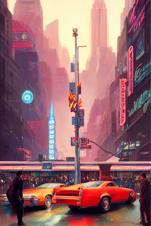 Image similar to four guys drove one into the gateway of the new york of the future, neon signs,, painting by greg rutkowski, j. c. leyendecker, artgerm