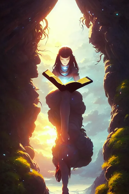 Image similar to highly detailed portrait of beautiful girl reading a book in avatar, dynamic pose, stephen bliss, unreal engine, fantasy art by greg rutkowski, loish, rhads, ferdinand knab, makoto shinkai and lois van baarle, ilya kuvshinov, rossdraws, tom bagshaw, global illumination, radiant light, detailed and intricate environment