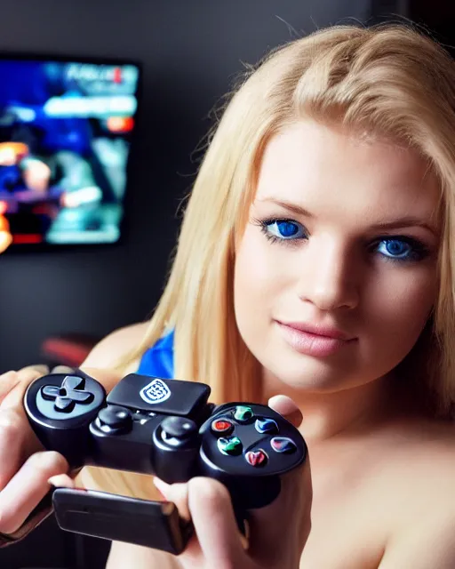 Image similar to a cute beautiful blonde woman with blue eyes playing game, holding controller, watching television displaying call of duty, intricate detail, cinematic composition