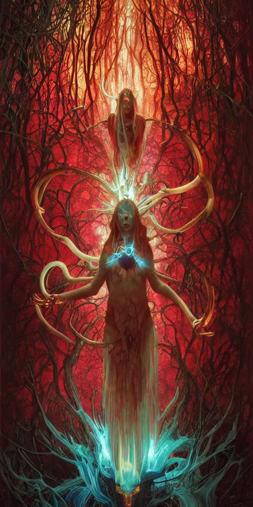 Prompt: intense manic glowing pagan god with ram horns and veins and intense glowing eyes in very dark forest by karol bak and beksinski and alphonse mucha, portrait, fantasy, clear, light beams, lens flare, intense, uhd, red and teal and shining polished gold, amazing depth, cinematic lighting